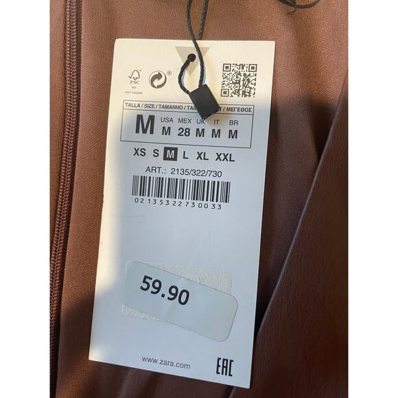 Zara Faux Leather Mini Dress NWT Brown Surplice V-Neck Ruched Long Sleeves Sz M - Picture 7 of 12